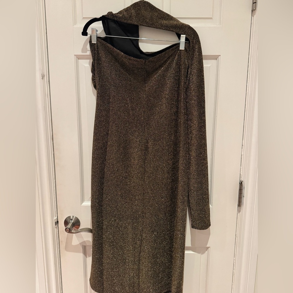 NWT TEREA Womens Nola One Shoulder Gold Metallic Sparkle Midi Dress Size XL - Picture 6 of 8